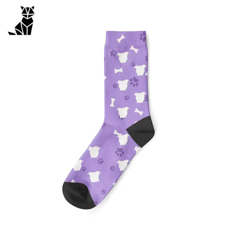 Chaussettes violettes avec chiens blancs - Chaussettes personnalisées pour chats : Confort, style unique