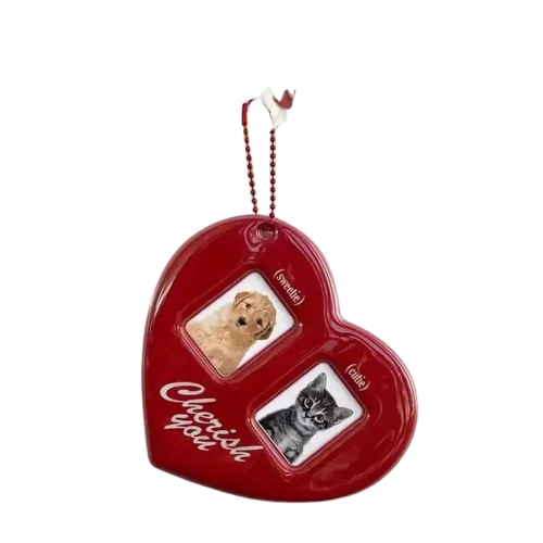 Ornement en forme de coeur rouge avec photo de chien sur Porte carte photo personnalisé Staacquering Idol Transparent Background