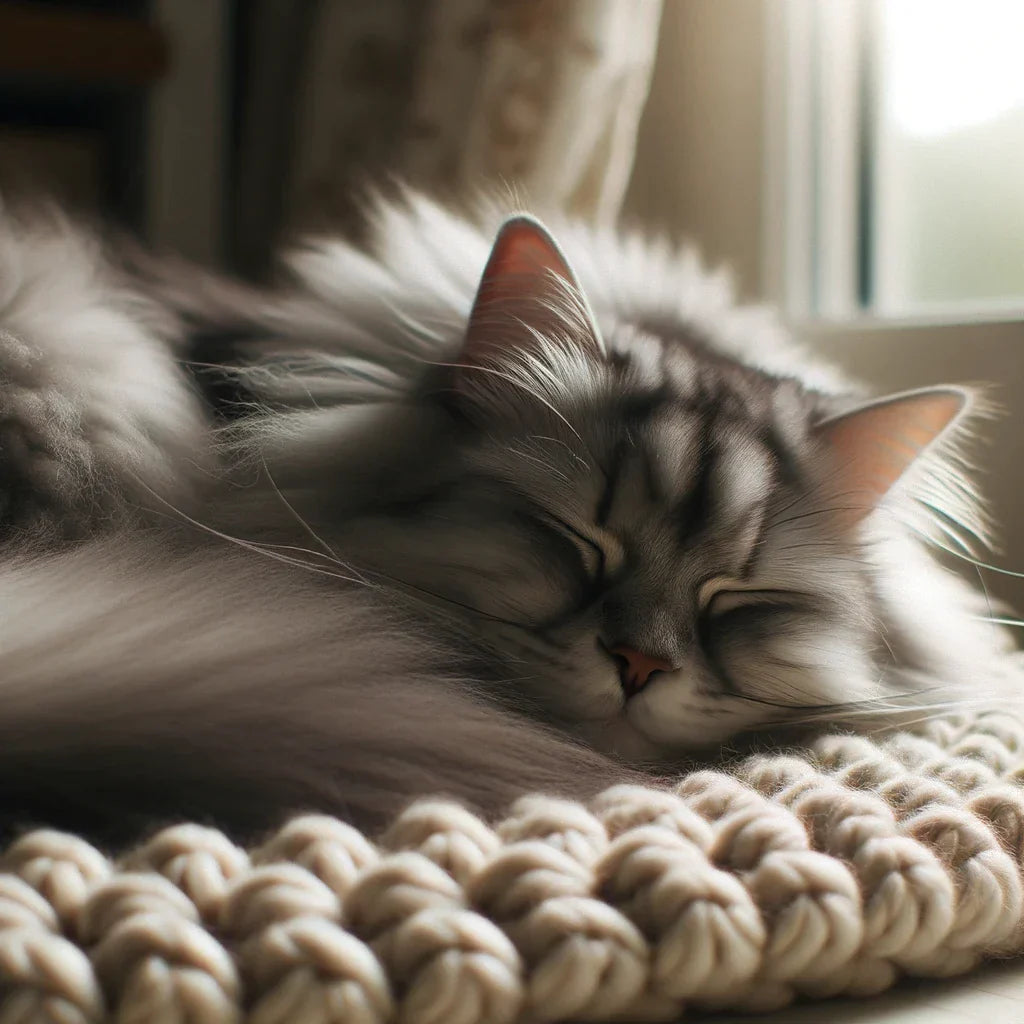 Chat à dormir sur une couverture devant une fenêtre.