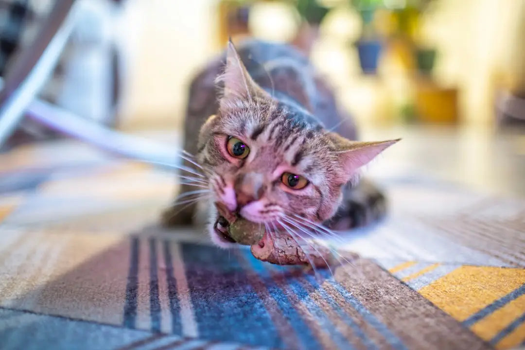 Chat tigré avec une proie, illustrant les interactions dans la vie de sa mère.