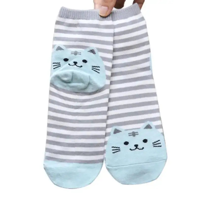 Chaussettes Chats Adorables Avec Rayures Colorées Et Broderies Mignonnes - Bleu