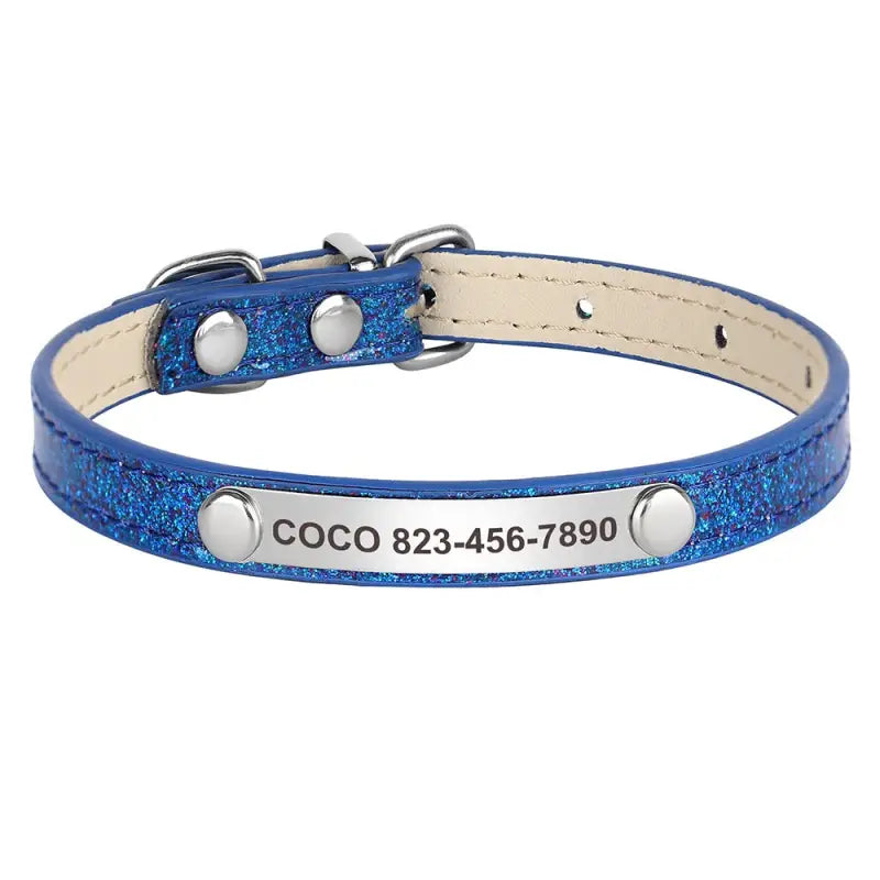 Collier chien bleu pailleté avec nom plaqué argent sur collier chat résistant à l’usure en cuir