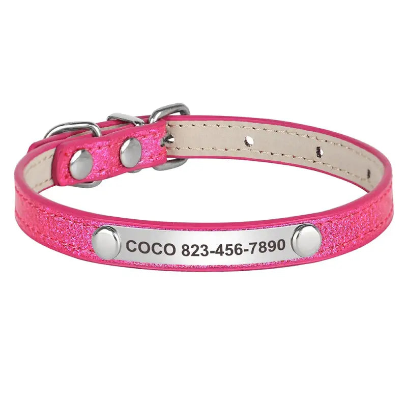 Collier pour chat résistant à l’usure en cuir rose avec plaque argentée