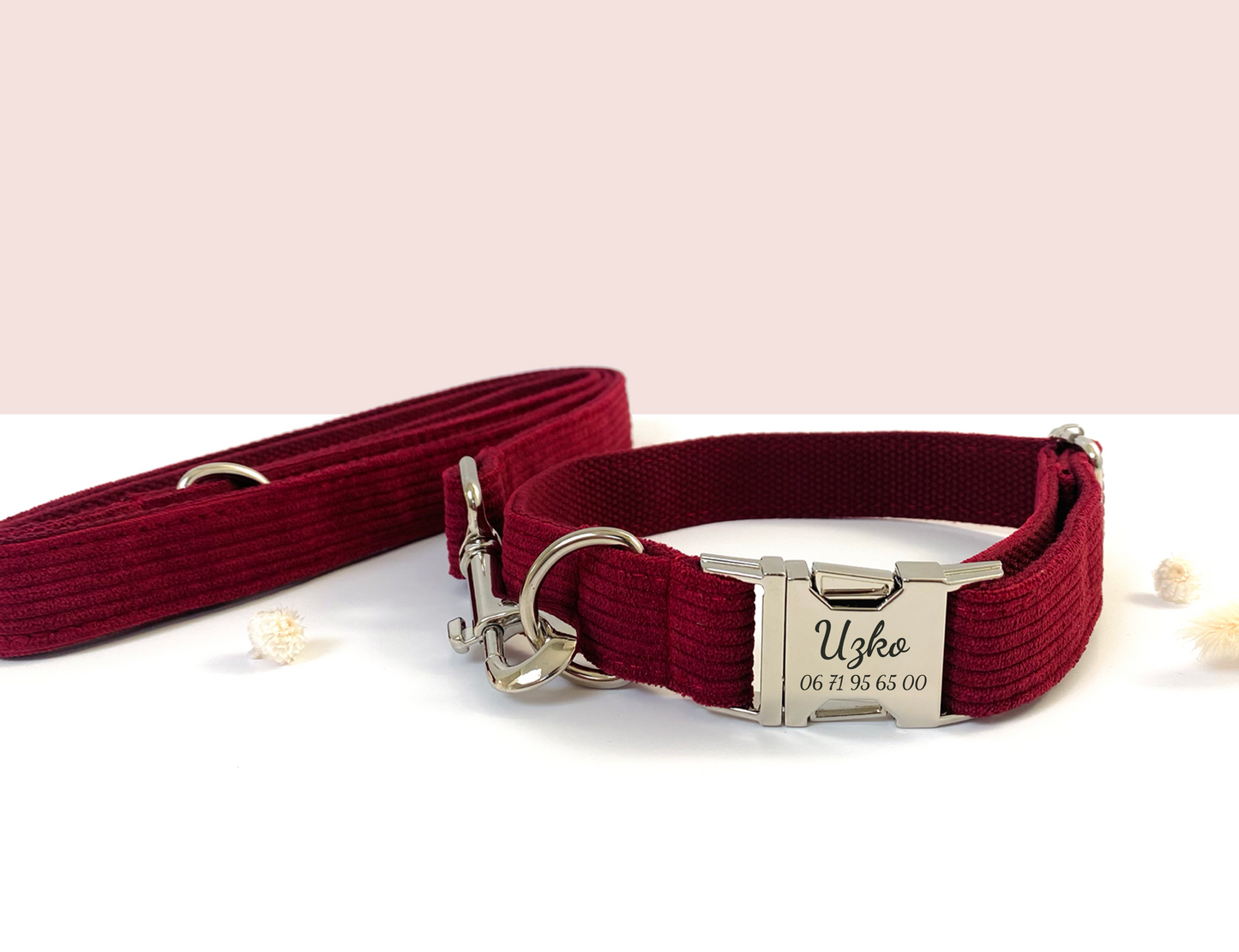 Collier Chien Personnalisé Velours Côtelé Bordeaux