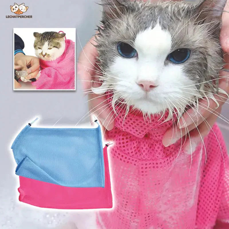 Adorable chat portant un pull rose et un sac bleu dans un filet de bain pour chat, parfait pour les soins des animaux de compagnie