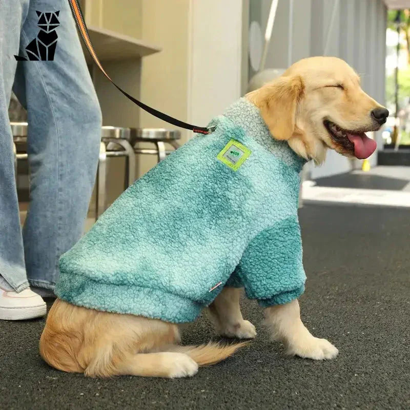 Grand chien dans un manteau bleu chaud de Laine, assis confortablement sur le sol