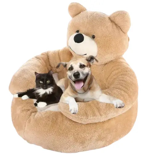 Un chien et un chat faisant des câlins dans un lit d’ours en peluche, Soft Winter Nest for Dogs, cozy câlin lit Transparent Background